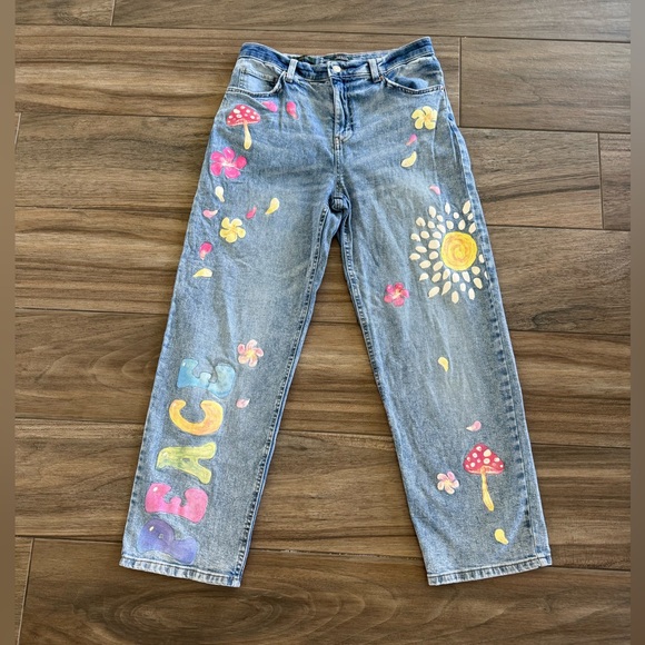 Wild Fable Jeans Peace Mushroom Painted Hippie Boho. Med Wash. Wmn’s 6 - Picture 3 of 11